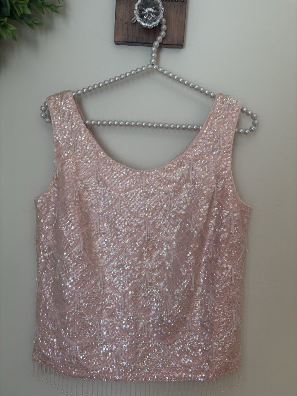 Vintage Pink Sequin Beaded Lambswool Top Sleeveless Lambswool Size Small READ